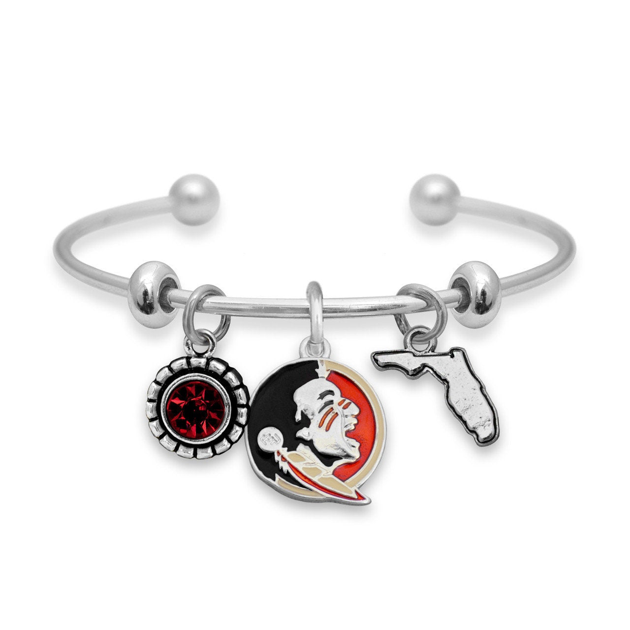 Officially Licensed FLORIDA STATE SEMINOLES Bracelet - Triple Charm Bracelet with Crystal Florida State Pewter Charms Sterling Plated