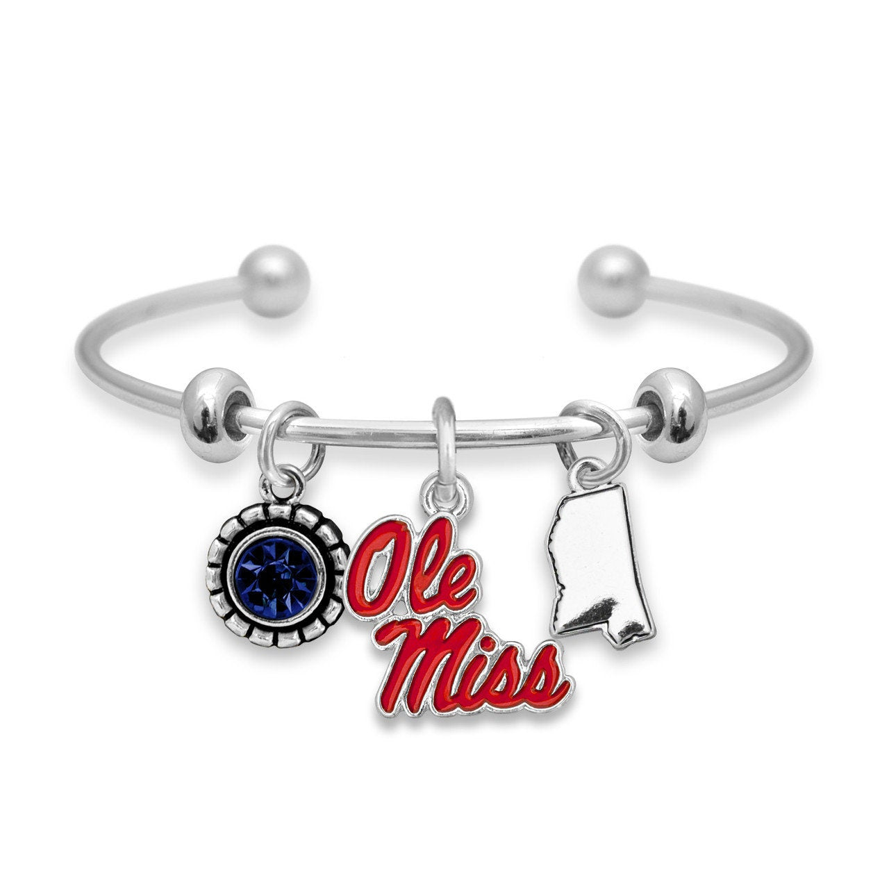 Officially Licensed OLE MISS REBELS Bracelet - Triple Charm Bracelet with Crystal Mississippi State Pewter Charms Sterling Plated