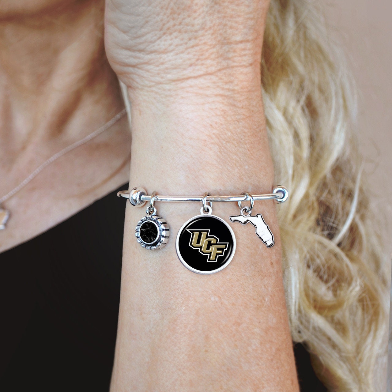 Officially Licensed CENTRAL FLORIDA KNIGHTS Bracelet - Triple Charm Bracelet with Crystal Florida State Pewter Charms Sterling Plated
