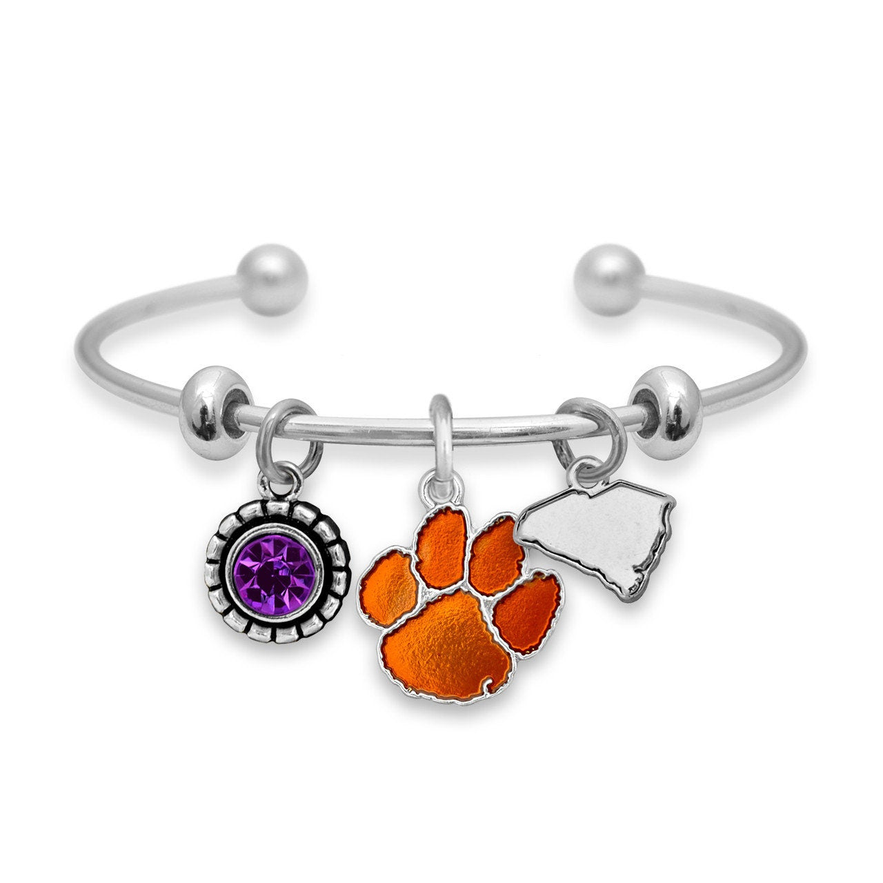 Officially Licensed CLEMSON TIGERS Bracelet - Triple Charm Bracelet with Crystal South Carolina State Pewter Charms Sterling Plated