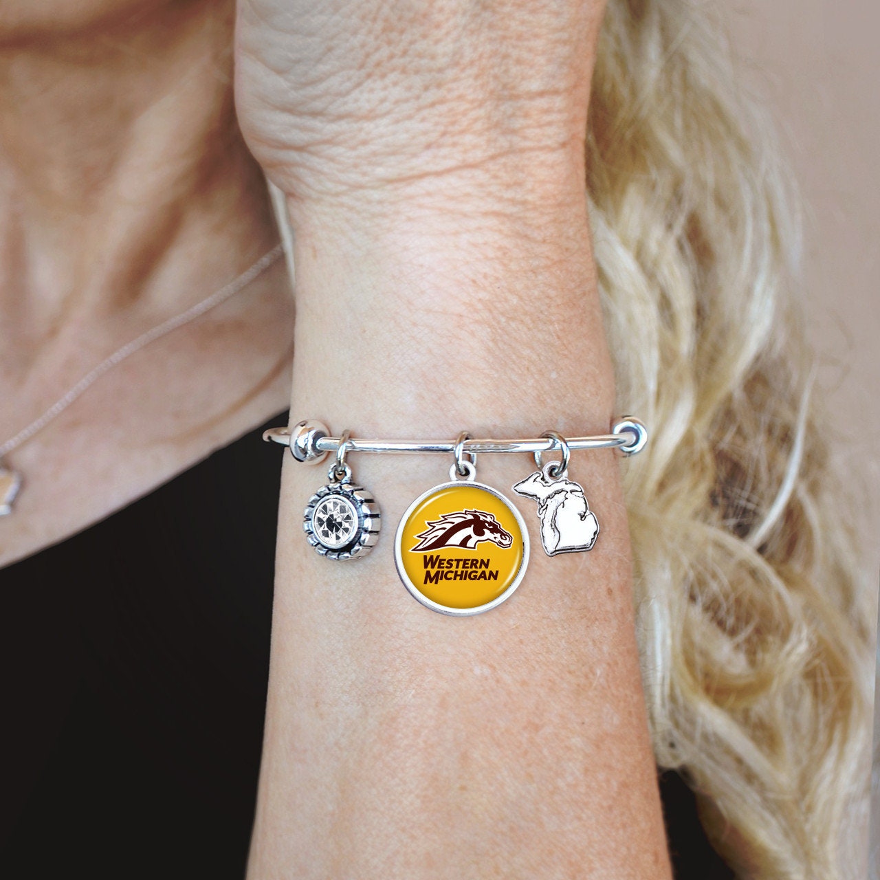 Officially Licensed WESTERN MICHIGAN Bracelet - Triple Charm Bracelet with Crystal Michigan State Pewter Charms Sterling Plated