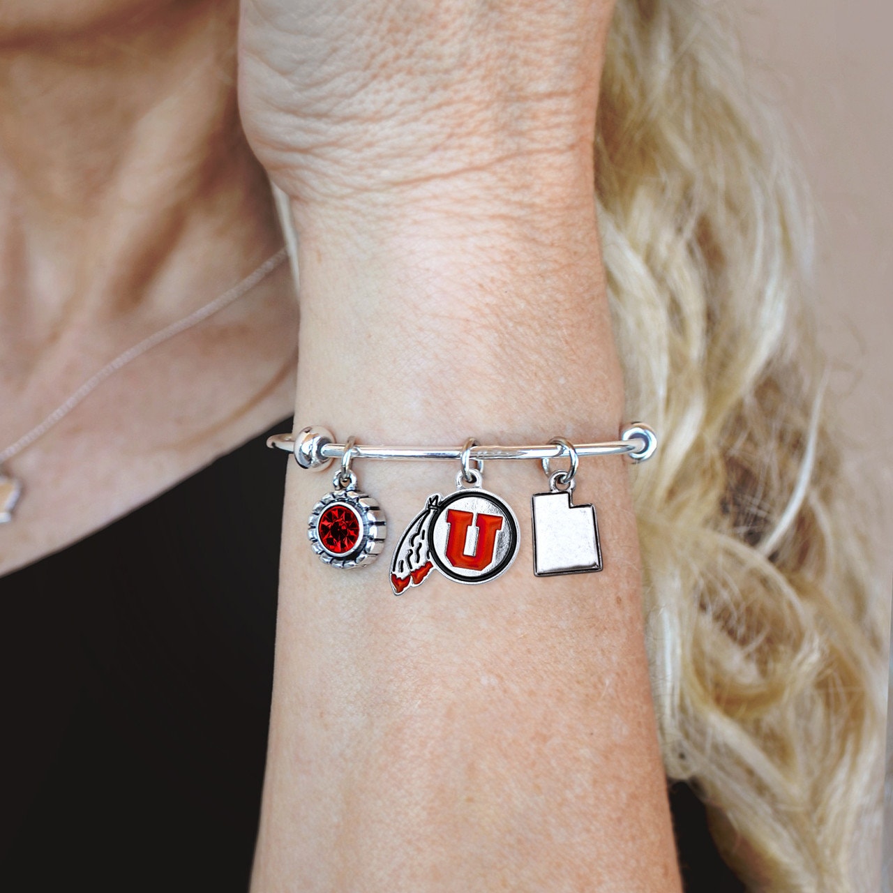Officially Licensed UTAH UTES Bracelet - Triple Charm Bracelet with Crystal Michigan State Pewter Charms Sterling Plated