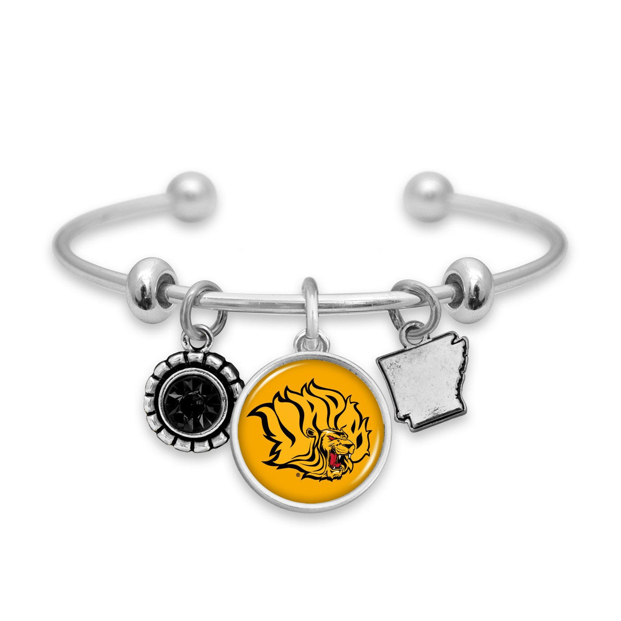 Officially Licensed ARKANSAS PINE BLUFF Bracelet - Triple Charm Bracelet with Crystal Arkansas State Pewter Charms Sterling Plated