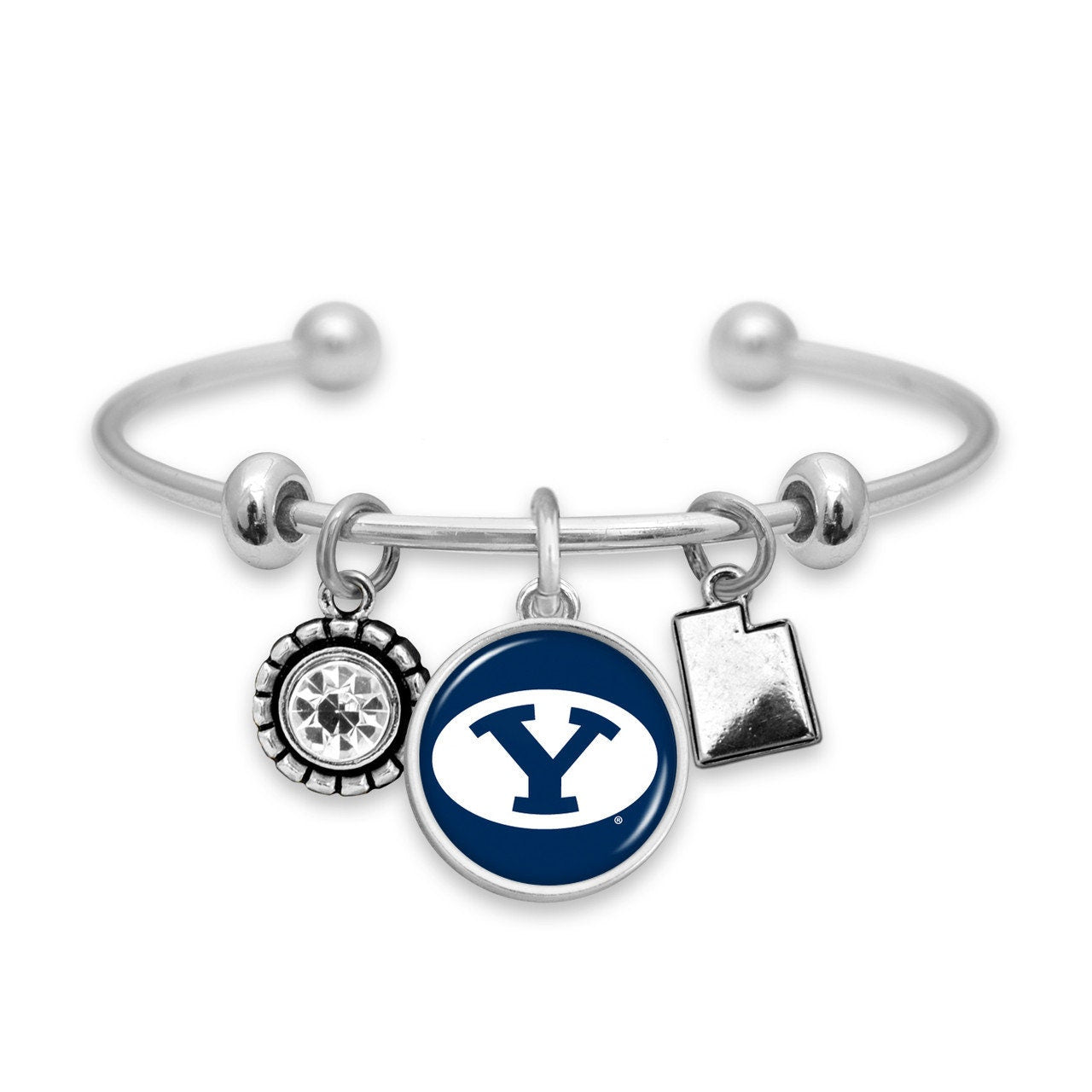 Officially Licensed BRINGHAM YOUNG BYU Cougars Bracelet - Triple Charm Bracelet with Crystal Utah State Pewter Charms Sterling Plated