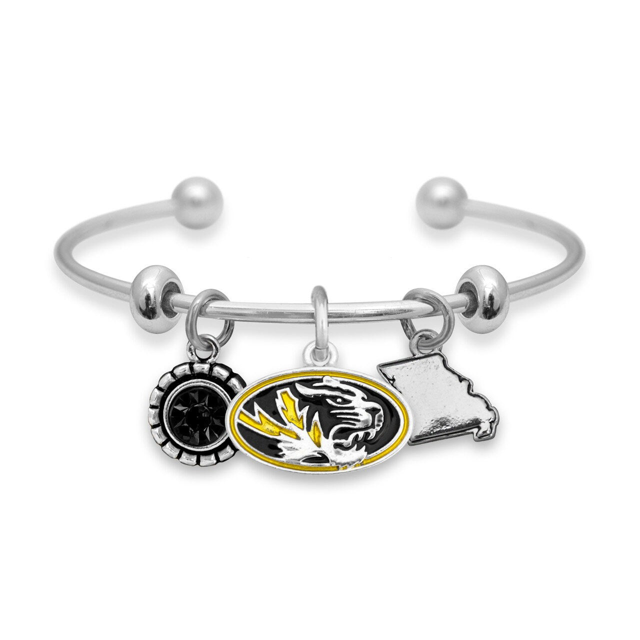 Officially Licensed MISSOURI TIGERS Bracelet - Triple Charm Bracelet with Crystal Missouri State Pewter Charms Sterling Plated