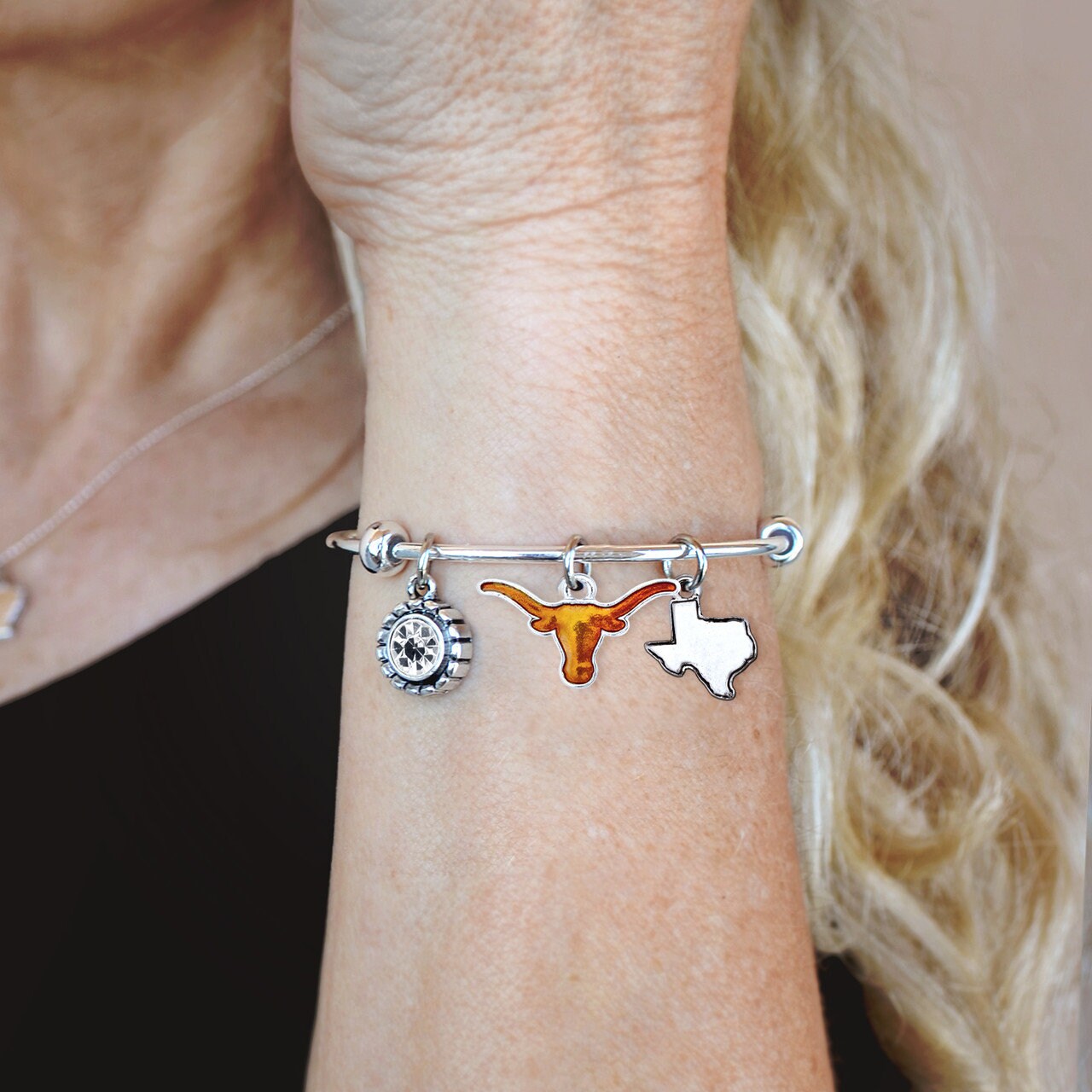 Officially Licensed TEXAS LONGHORNS Bracelet - Triple Charm Bracelet with Crystal Texas State Pewter Charms Sterling Plated