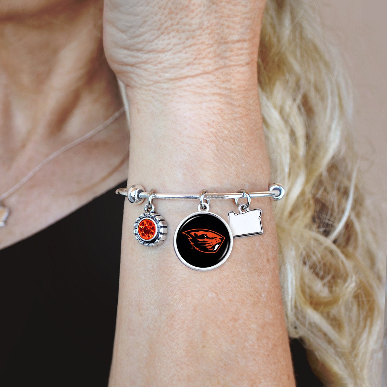 Officially Licensed OREGON STATE BEAVERS Bracelet - Triple Charm Bracelet with Crystal Oregon State Pewter Charms Sterling Plated