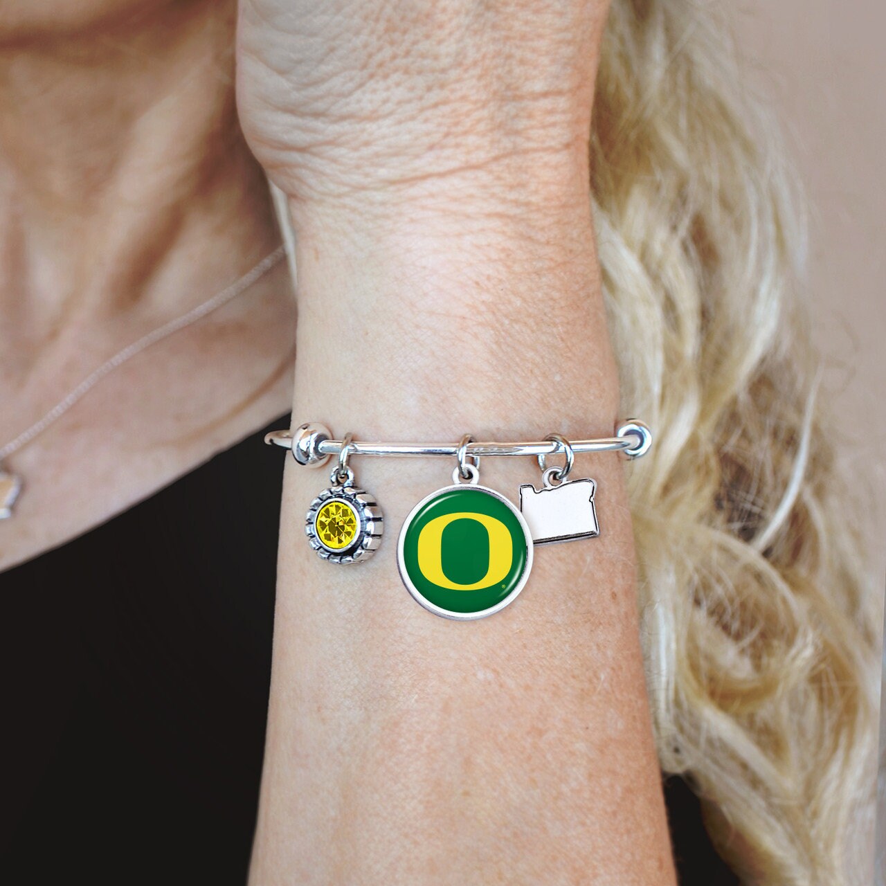 Officially Licensed OREGON DUCKS Bracelet - Triple Charm Bracelet with Crystal Oregon State Pewter Charms Sterling Plated