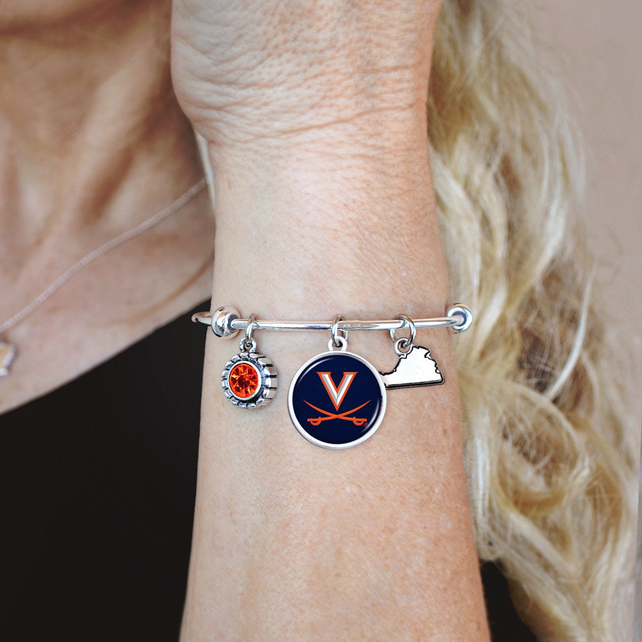 Officially Licensed VIRGINIA CAVALIERS Bracelet - Triple Charm Bracelet with Crystal Oregon State Pewter Charms Sterling Plated
