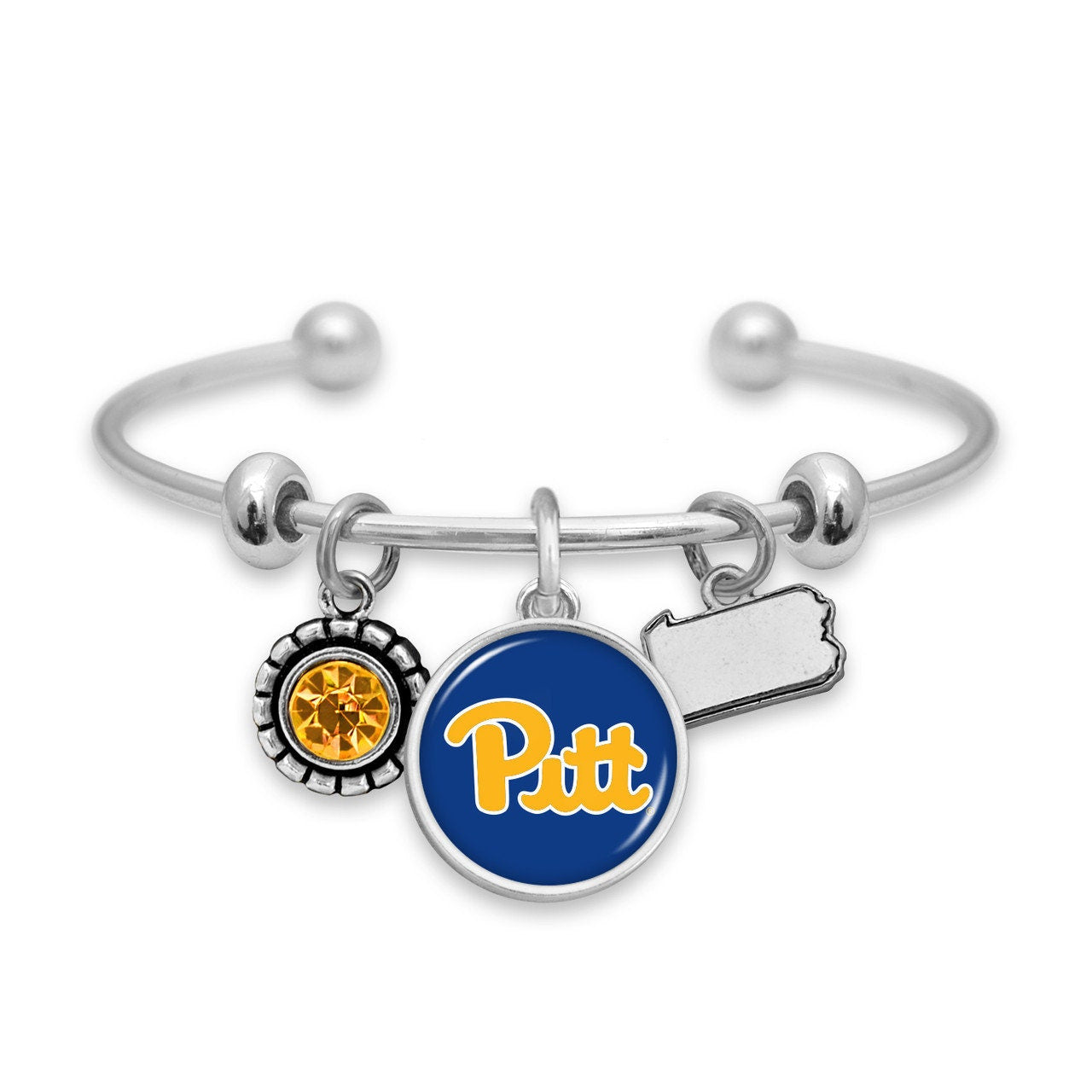 Officially Licensed PITTSBURGH PANTHERS PITT Bracelet - Triple Charm Bracelet with Crystal Pennsylvania State Pewter Charms Sterling Plated