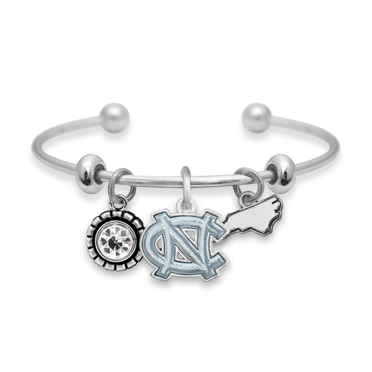 Officially Licensed NORTH CAROLINA Tar Heels Bracelet - Triple Charm Bracelet Crystal North Carolina State Pewter Charms Sterling Plated