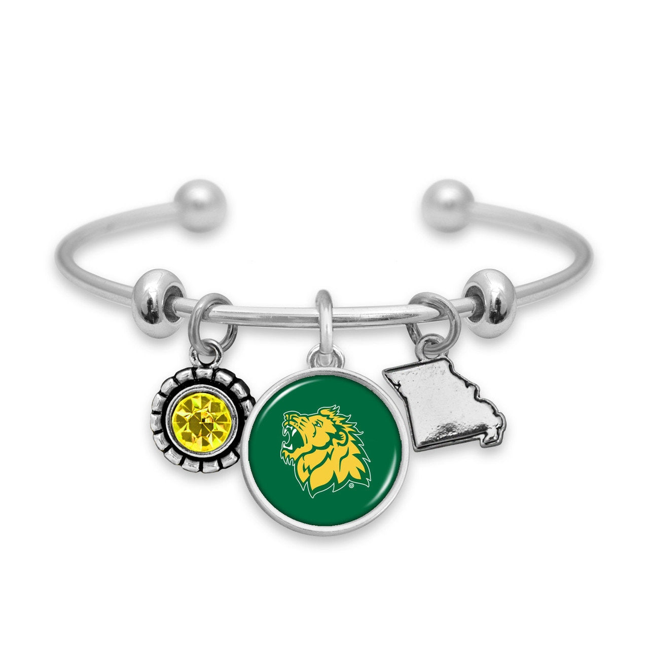 Officially Licensed MISSOURI SOUTHERN STATE Lions Bracelet - Triple Charm Bracelet with Crystal Missouri State Pewter Charms Sterling Plated