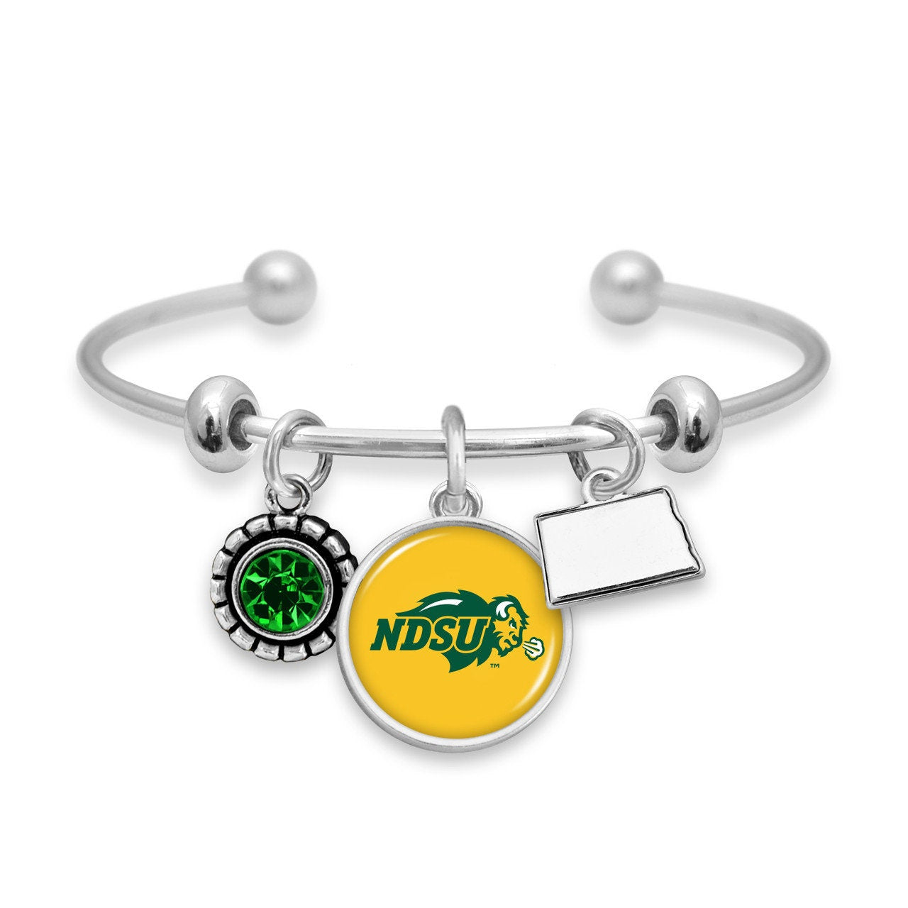 Officially Licensed NORTH DAKOTA STATE Bison Bracelet - Triple Charm Bracelet with Crystal North Dakota State Pewter Charms Sterling Plated