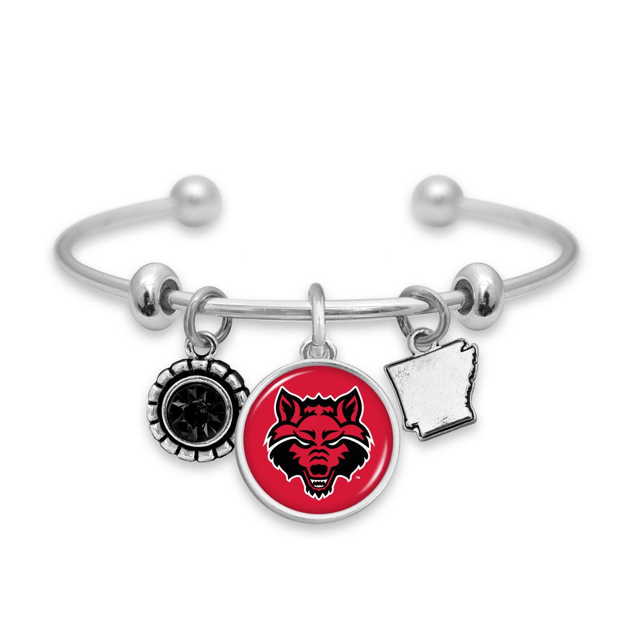 Officially Licensed ARKANSAS STATE Red Wolves Bracelet - Triple Charm Bracelet with Crystal Arkansas State Pewter Charms Sterling Plated