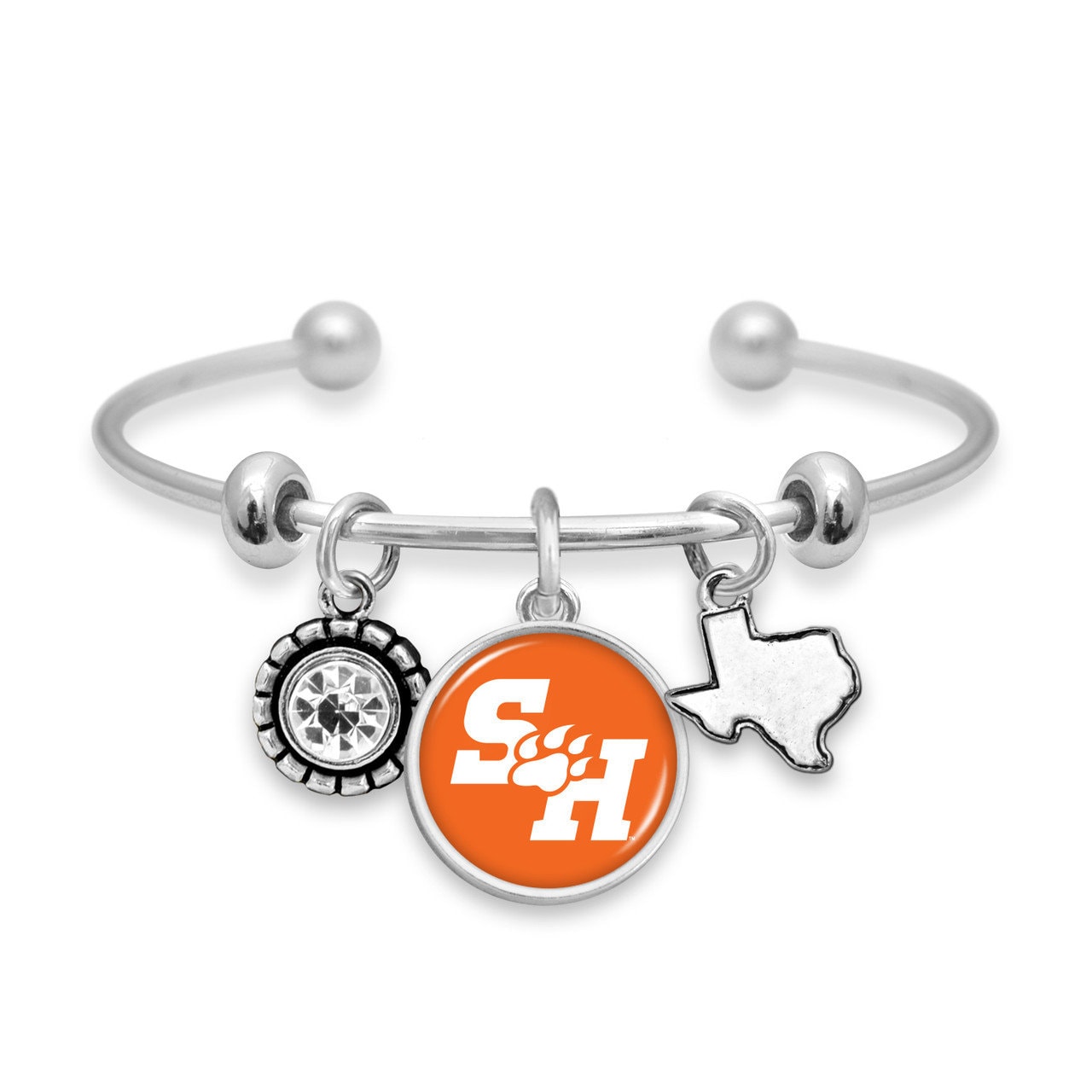 Officially Licensed SAM HOUSTON BEARKATS Bracelet - Triple Charm Bracelet with Crystal Texas State Pewter Charms Sterling Plated