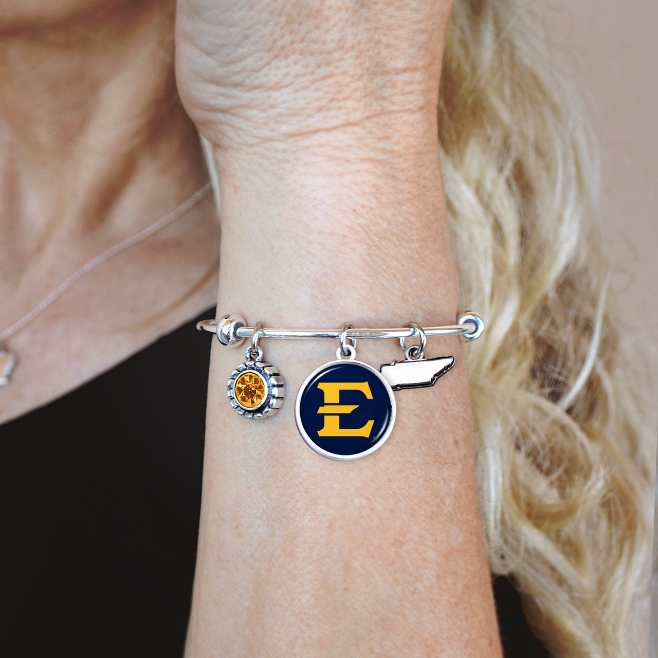 Officially Licensed EAST TENNESSEE BUCCANEERS Bracelet - Triple Charm Bracelet with Crystal Tennessee State Pewter Charms Sterling Plated