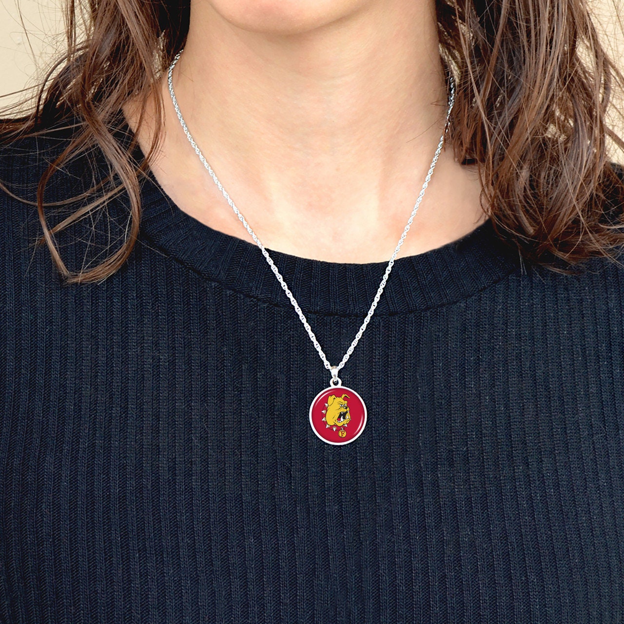 Officially Licensed FERRIS STATE BULLDOGS Necklace - Pewter Charm Sterling Plated - Ferris State University