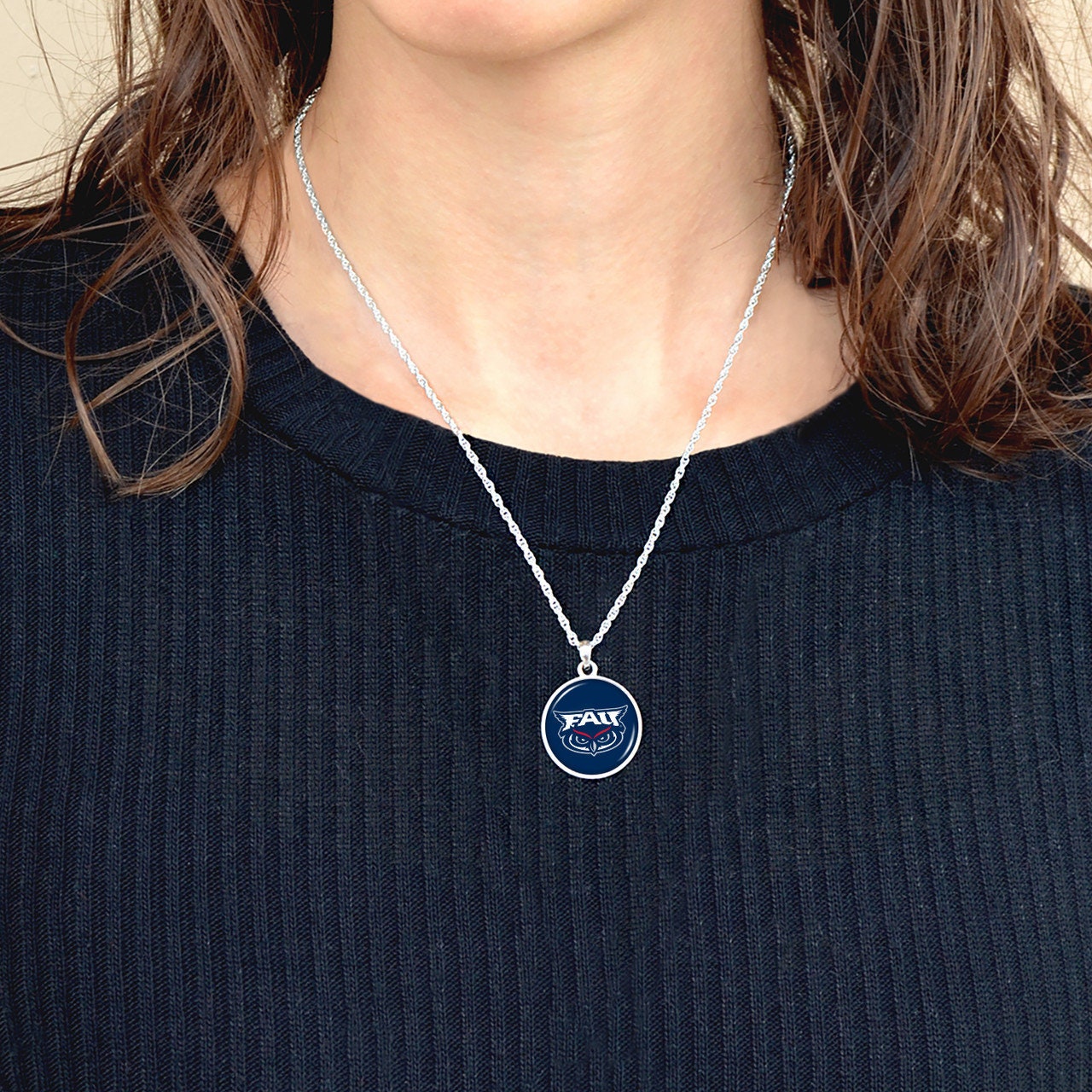Officially Licensed FLORIDA ATLANTIC OWLS Necklace - Pewter Charm Sterling Plated - Florida Atlantic University