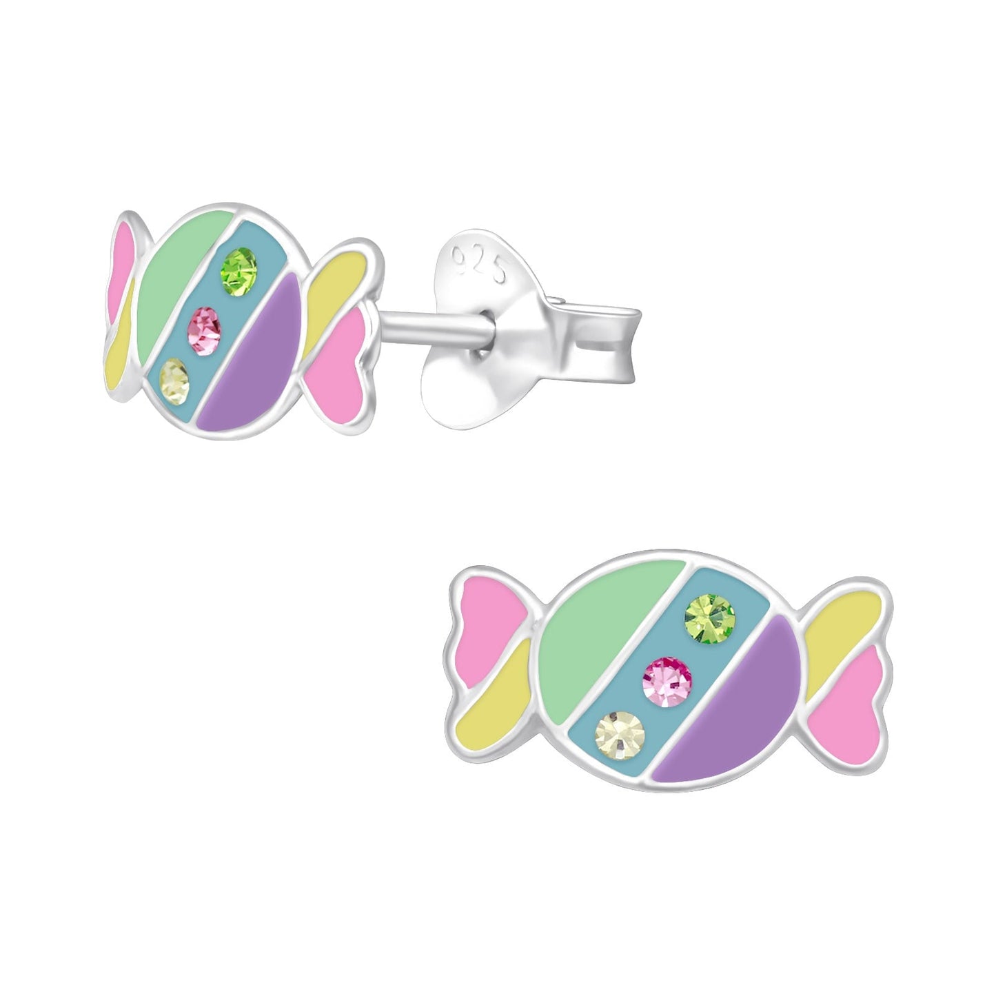 925 Sterling Silver Earrings Twisted Candy with Crystal - Ear Studs with Backing - Epoxy - Wrapped Candy Hypoallergenic Earrings