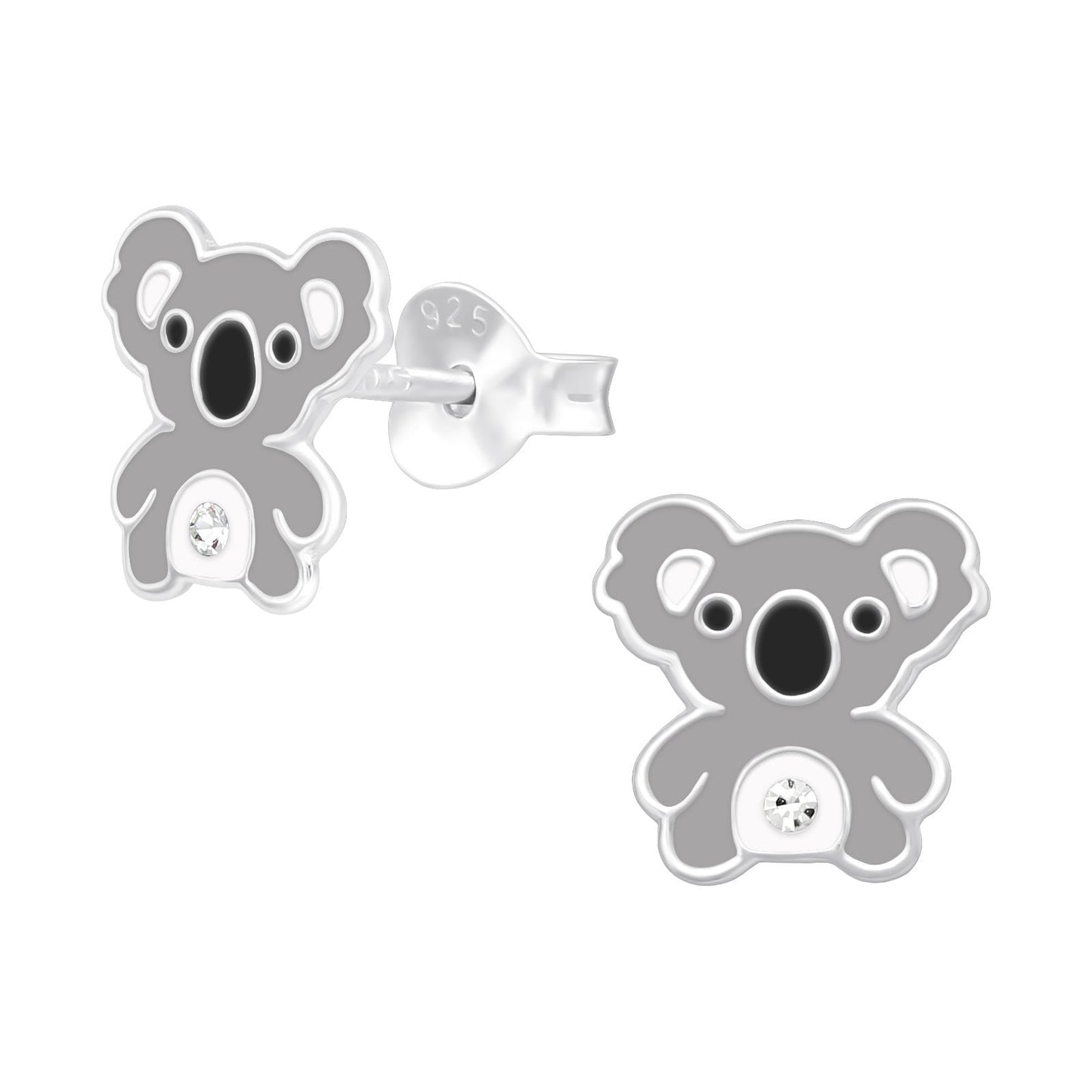 925 Sterling Silver Earrings Koala Bear with Crystal - Ear Studs with Backing - Epoxy - Hypoallergenic Earrings