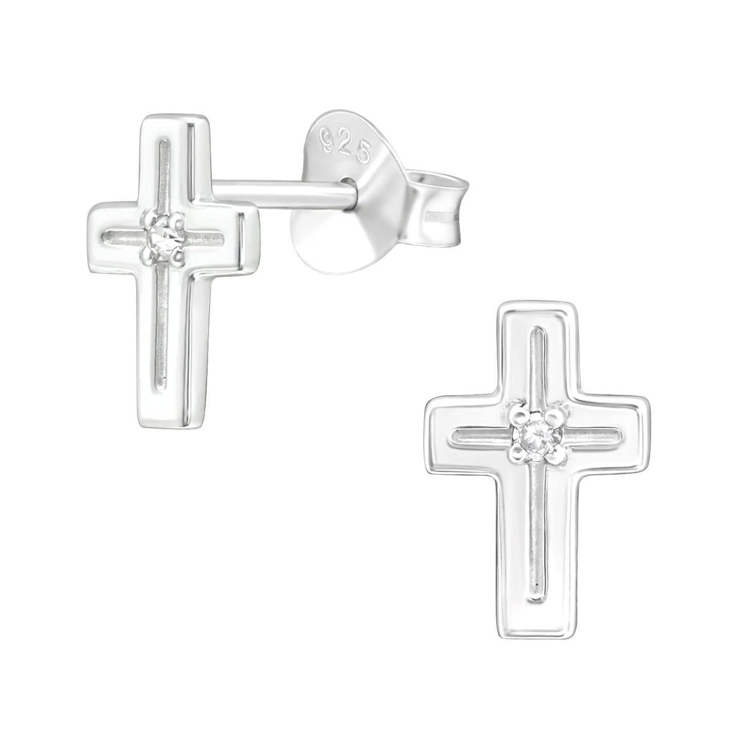 925 Sterling Silver Earrings Cross - Ear Studs with Backing - Christian Cross Cubic Zirconia Crystal - Hypoallergenic Earrings