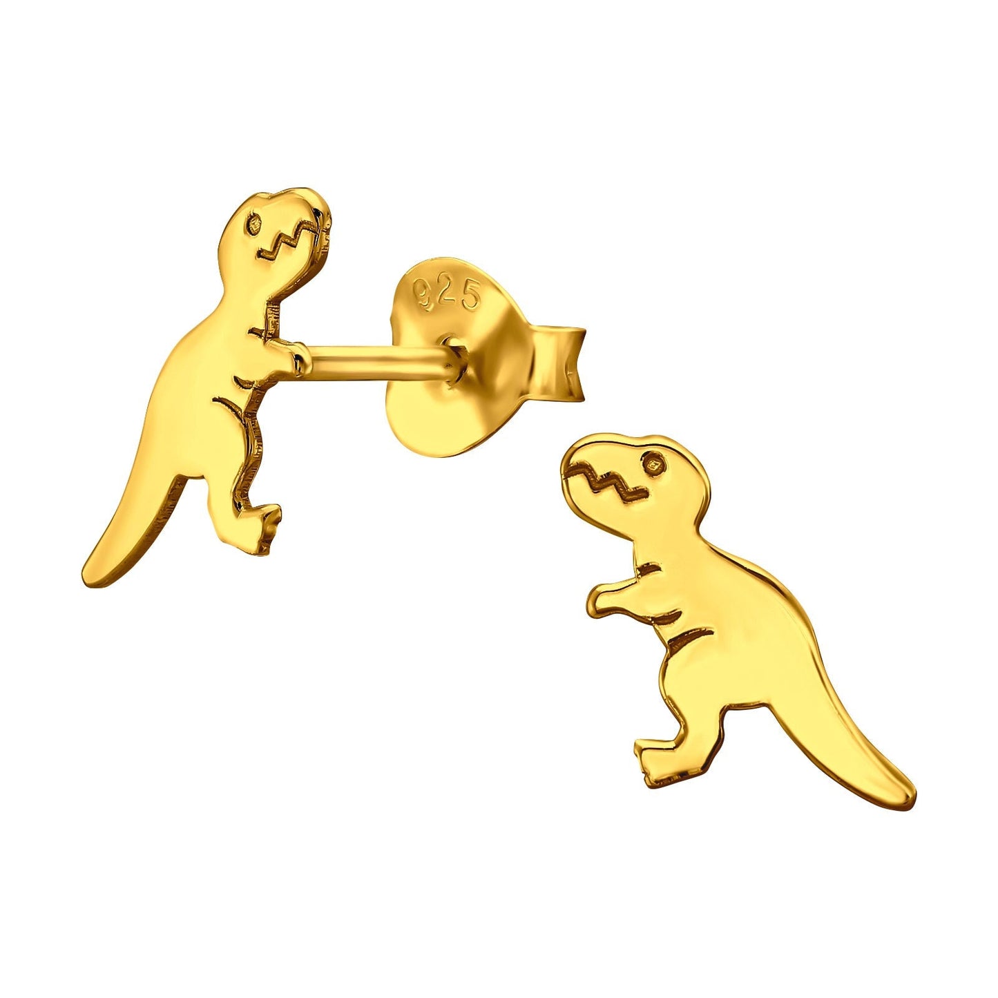 925 Sterling Silver Earrings Gold Plated Tyrannosaurus Rex Dinosaur - Ear Studs with Backing - Laser Cut Gold - Hypoallergenic Earrings