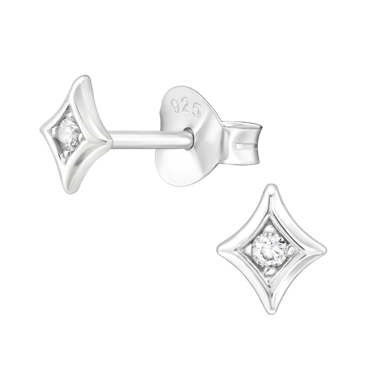 925 Sterling Silver Earrings Sparkle Diamond Shape Stud - Ear Studs with Backing - Cubic Zirconia Crystal - Hypoallergenic Earrings