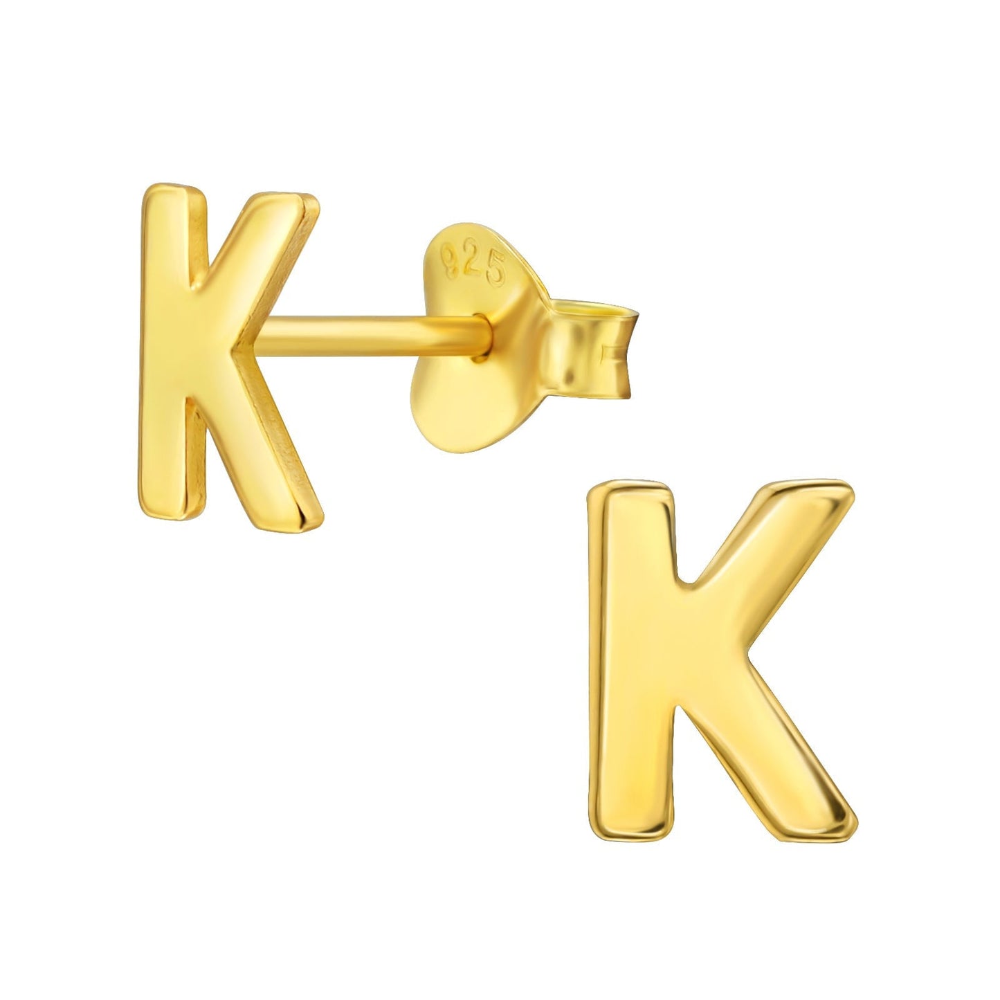 925 Sterling Silver Earrings Gold Plated "K" Ear Studs - Ear Stud with Backing - Hypoallergenic Earrings