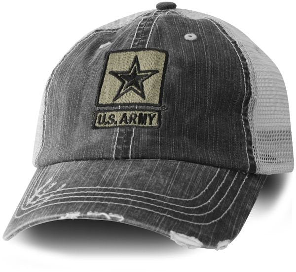 US ARMY Embroidered Cap Hat - Olive Green and Black Distressed Army Cap with Official Star Logo - Officially Licensed!