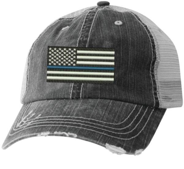 American Flag Blue Line Police Cap Hat - Distressed Look Thin Blue Line Law Enforcement - Officially Licensed!
