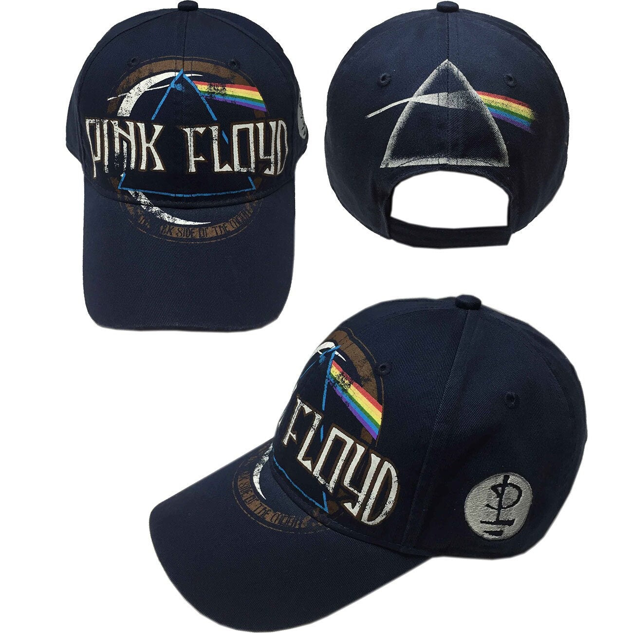PINK FLOYD Unisex Cap Hat - Dark Side of the Moon Pink Floyd Distressed (Navy) Adjustable Baseball Cap with DSOM Logo - Officially Licensed!