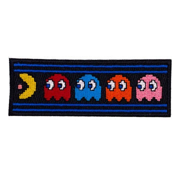 PAC-MAN Chased by Ghosts Patch - 4x1.5 Inch - Blinky Pinky Retro Classic Video Game Arcade Embroidered Patch Applique Craft Supply