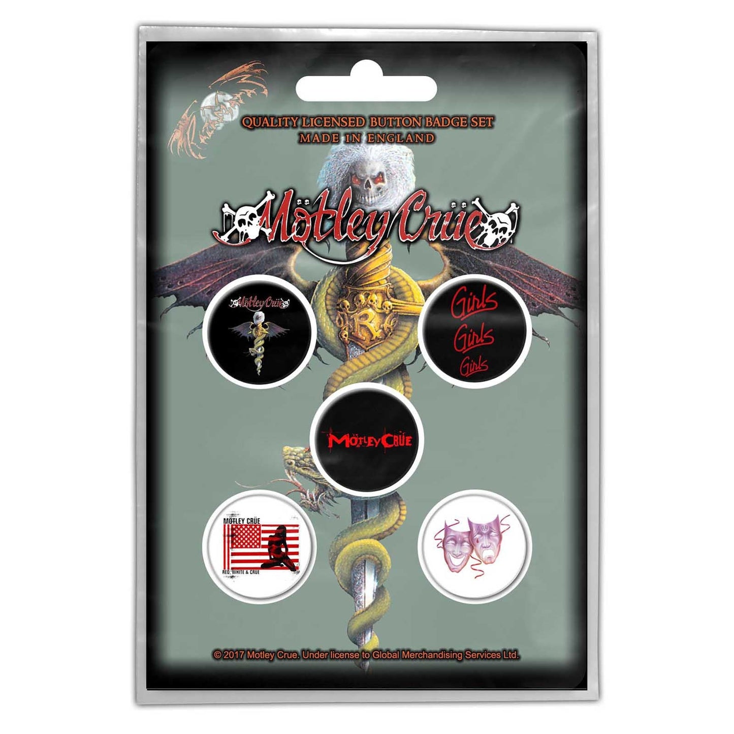 MOTLEY CRUE Button Badge 5 Piece Set - Each Badge Approx 1 Inch - Motley Crue Dr Feelgood - Pinback Badge Button Pack Set