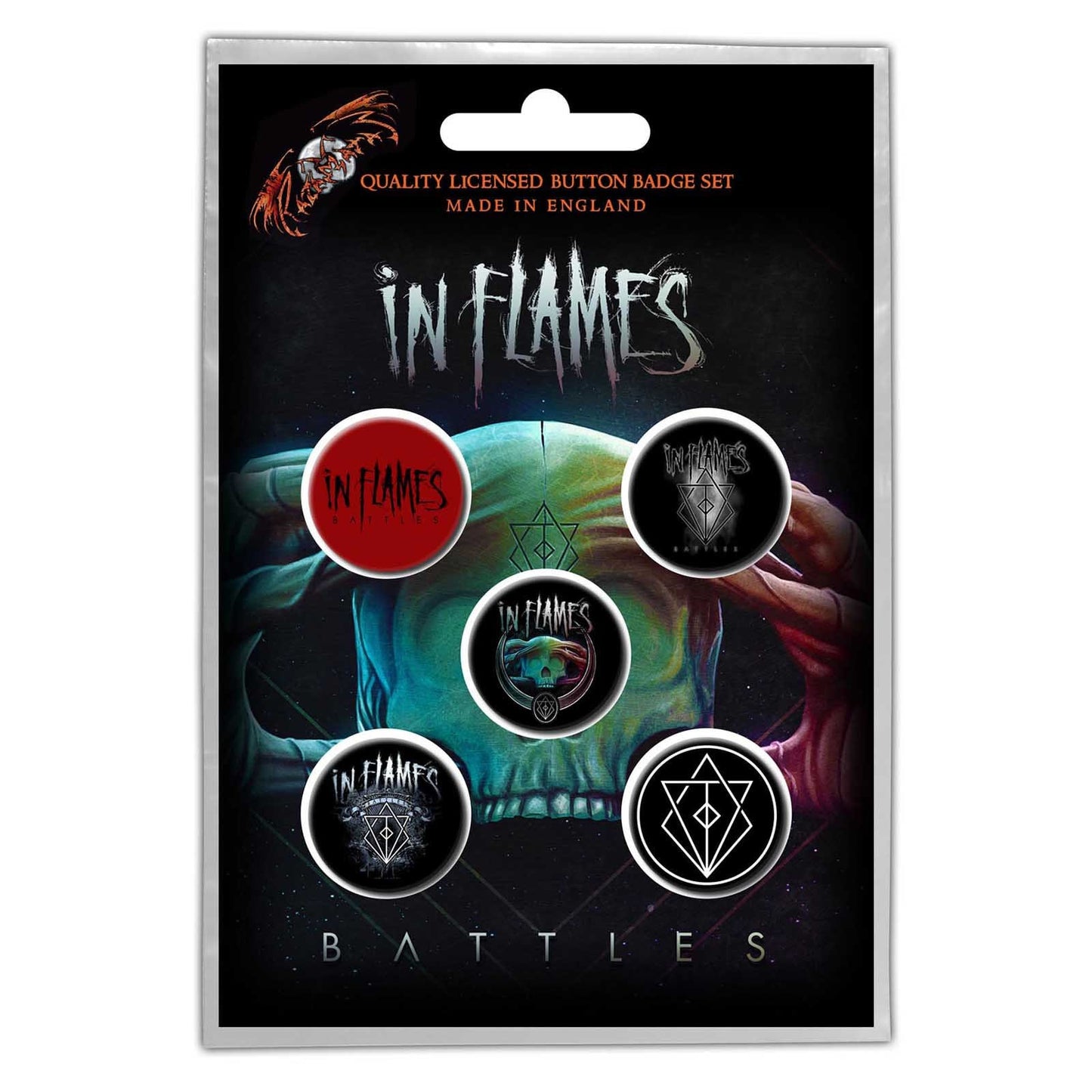 IN FLAMES Button Badge 5 Piece Set - Each Badge Approx 1 Inch - In Flames Battles - Pinback Badge Button Pack Set